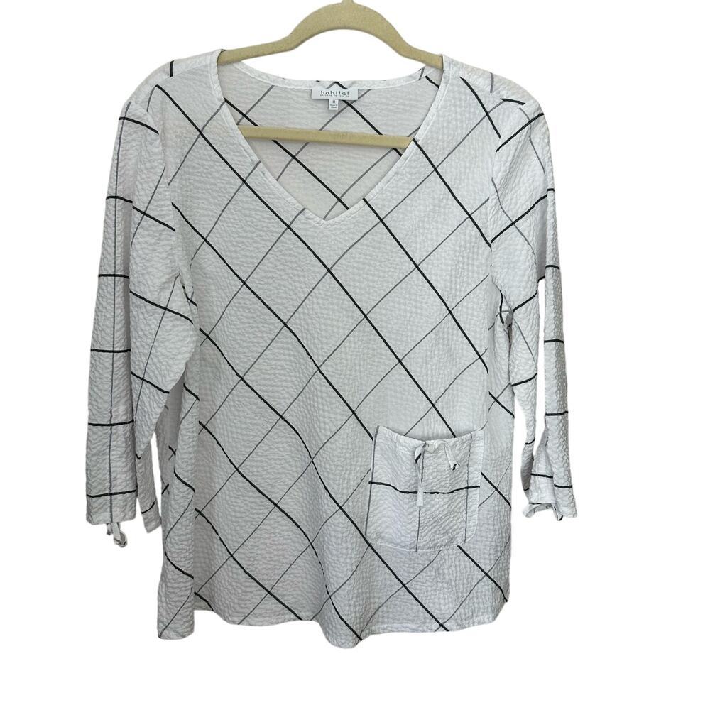 Habitat Seersucker Top V Neck Womens Medium Lagenlook Artsy‎ 3/4 Sleeve Stretch